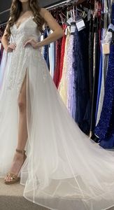 New long white lace tulle semi open back wedding dress, bridal gown